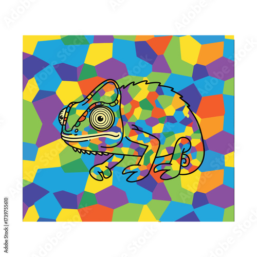 Vibrant illustration of a chameleon with a multicolored mosaic pattern on its body and background.