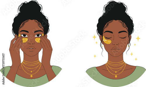 skincare beauty routine, woman applying under eye patches, facial self care treatment, cosmetic spa illustration, glowing skin wellness concept, vector art design