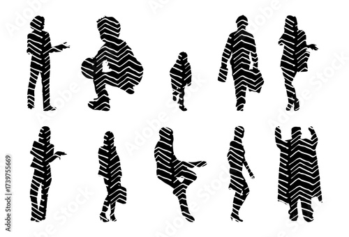Vector illustration, Outline silhouettes of people, Contour drawing, people silhouette, Icon Set Isolated , Silhouette of sitting people, Architectural set