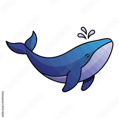 A blue cartoon whale blowing water droplets against a white background.
