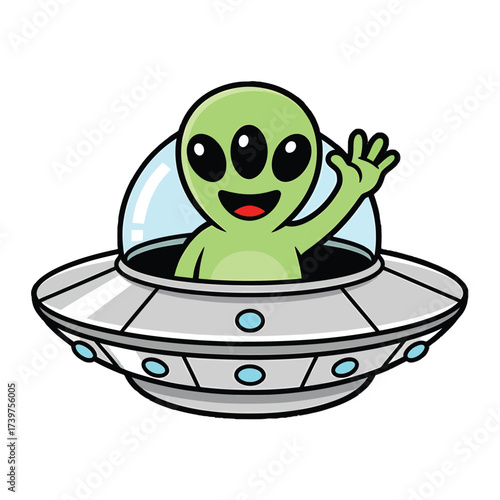 Cartoon alien waving from a spaceship against a white background with a playful mood.