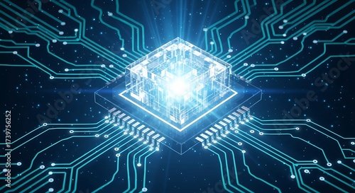 Modern circuit board glowing with digital technology power, representing AI and innovation