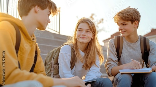 Teen friends relax and study outdoors during golden hour