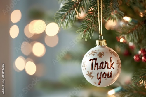 Festive christmas tree with thank you ornament and warm twinkling lights