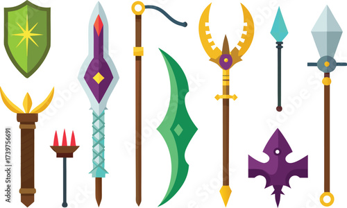 Fantasy weapon icons collection swords bows magic staffs shields vector art