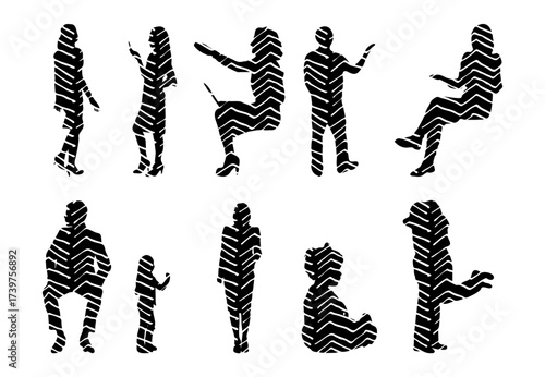Vector illustration, Outline silhouettes of people, Contour drawing, people silhouette, Icon Set Isolated , Silhouette of sitting people, Architectural set