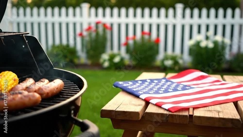 Grilling sausages on barbecue with American flag in backyard garden  