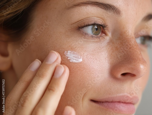 a young  woman applying creamy face cream on her cheek, skin care concept