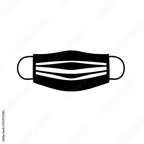 Simple black and white illustration of a protective medical face mask with ear loops on a white background