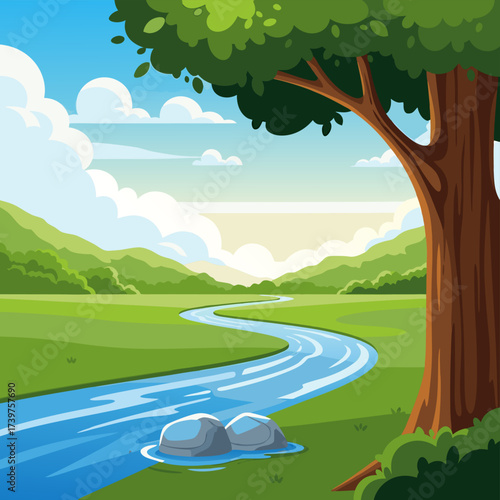 Vibrant cartoon illustration capturing a serene natural landscape with a winding river, rolling hills, and a large tree in a sunny setting