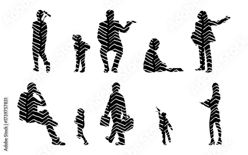 Vector illustration, Outline silhouettes of people, Contour drawing, people silhouette, Icon Set Isolated , Silhouette of sitting people, Architectural set
