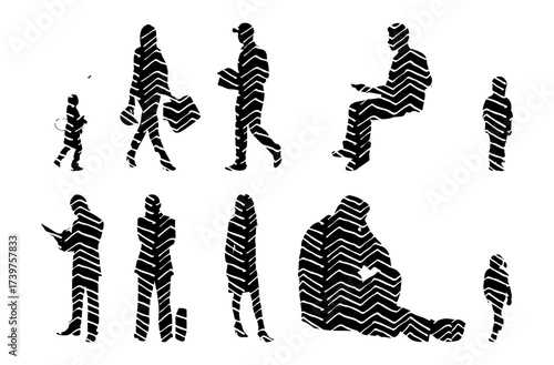 Vector illustration, Outline silhouettes of people, Contour drawing, people silhouette, Icon Set Isolated , Silhouette of sitting people, Architectural set