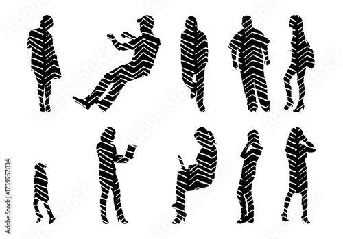 Vector illustration, Outline silhouettes of people, Contour drawing, people silhouette, Icon Set Isolated , Silhouette of sitting people, Architectural set