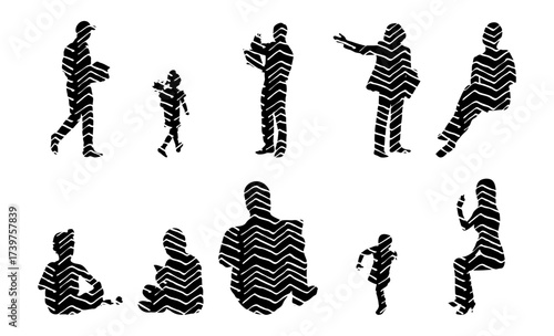Vector illustration, Outline silhouettes of people, Contour drawing, people silhouette, Icon Set Isolated , Silhouette of sitting people, Architectural set