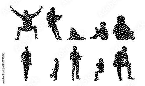 Vector illustration, Outline silhouettes of people, Contour drawing, people silhouette, Icon Set Isolated , Silhouette of sitting people, Architectural set