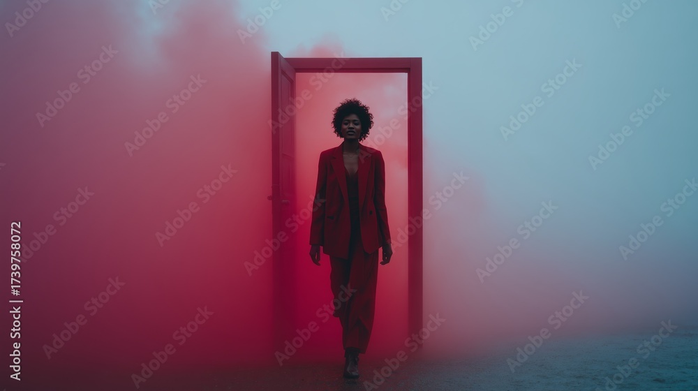 Fototapeta premium A confident woman in a striking red suit steps through a red door, surrounded by vibrant colorful smoke.