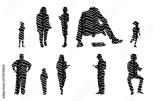 Vector illustration, Outline silhouettes of people, Contour drawing, people silhouette, Icon Set Isolated , Silhouette of sitting people, Architectural set