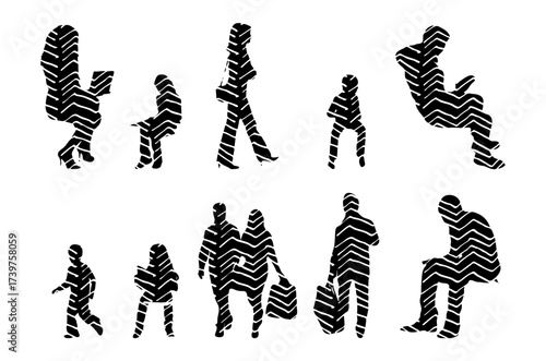 Vector illustration, Outline silhouettes of people, Contour drawing, people silhouette, Icon Set Isolated , Silhouette of sitting people, Architectural set