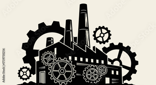 Stylized black and off-white vector illustration of an industrial factory building with prominent gears and a smokestack, representing manufacturing, engineering, and the industrial revolution