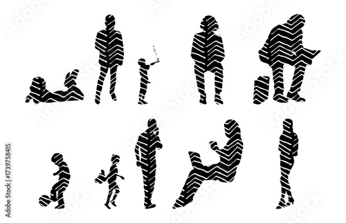 Vector illustration, Outline silhouettes of people, Contour drawing, people silhouette, Icon Set Isolated , Silhouette of sitting people, Architectural set