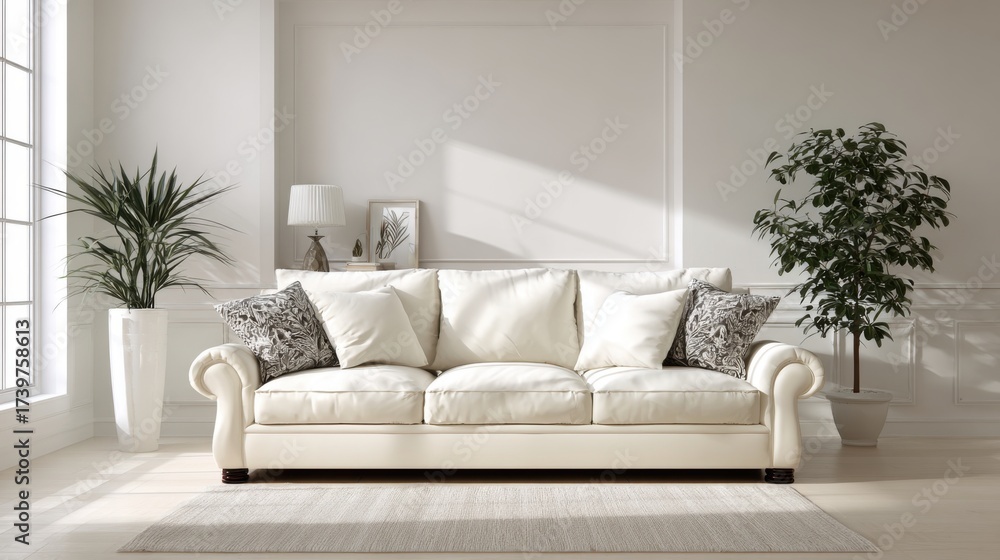 Fototapeta premium Elegant Living Room with Cream Sofa and Decorative Green Plants