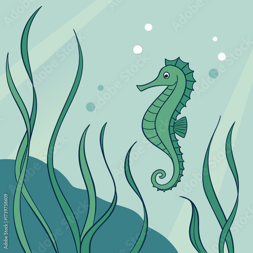 A charming cartoon illustration of a green seahorse swimming gracefully amidst flowing seaweed and gentle underwater light rays creating a serene ocean scene with playful bubbles