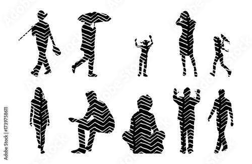 Vector illustration, Outline silhouettes of people, Contour drawing, people silhouette, Icon Set Isolated , Silhouette of sitting people, Architectural set