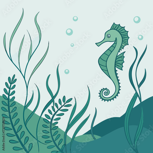 Charming cartoon seahorse swims gracefully through a serene underwater scene with lush green seaweed and gentle floating bubbles creating a tranquil aquatic environment