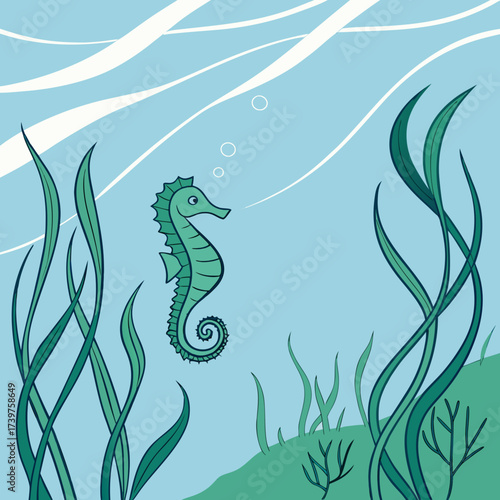 A charming cartoon illustration of a vibrant green seahorse swimming gracefully amidst lush underwater seaweed and gentle blue ocean currents with rising bubbles