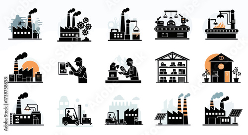 Industrial Operations and Logistics Icons Set: Flat Design Vector Illustrations of Factories, Manufacturing, Engineering Workers, and Forklift Transportation on White Background., Flat Vector