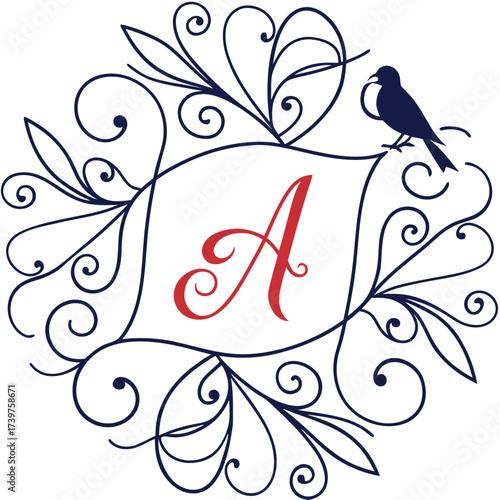 Elegant navy blue floral scrollwork frames a red capital letter a with a silhouette of a small bird perched on the upper right side creating a decorative monogram or emblem