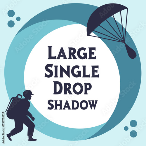 A stylized graphic illustration depicts a silhouetted figure with a backpack descending with a parachute set against a circular abstract background with text