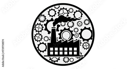 Monochromatic Industrial Factory and Gears Illustration on White Background, Symbolizing Machinery, Production, and Technological Progress in a Graphic Vector Design, Flat Vector Elements, Vector