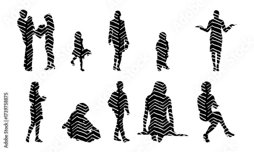 Vector illustration, Outline silhouettes of people, Contour drawing, people silhouette, Icon Set Isolated , Silhouette of sitting people, Architectural set