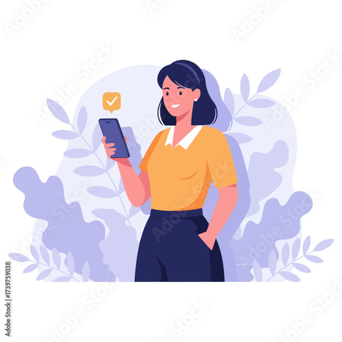 Woman using smartphone with checkmark, smiling and happy.