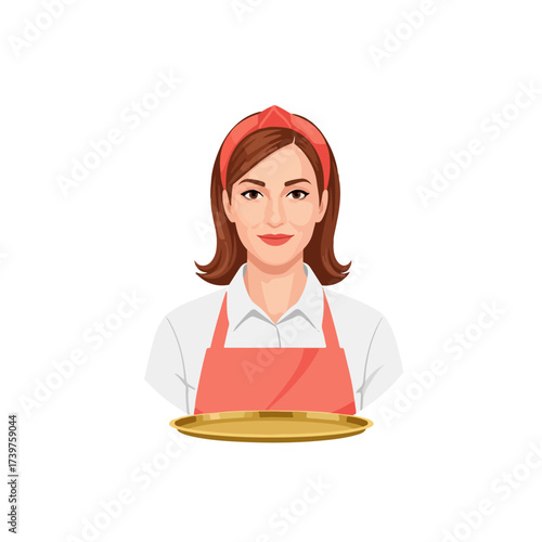Woman with apron holding tray, serving food, smiling, looking at camera.