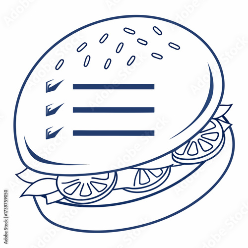Conceptual illustration of a hamburger with a checklist on its bun representing ordering food online or making a food selection from a menu