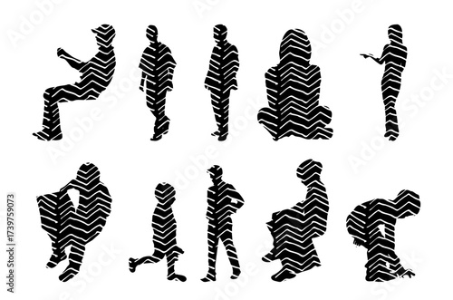 Vector illustration, Outline silhouettes of people, Contour drawing, people silhouette, Icon Set Isolated , Silhouette of sitting people, Architectural set