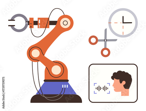 Robotic arm with gears and tools, clock, facial recognition screen. Ideal for AI, automation, technology, innovation, manufacturing facial recognition productivity. Simple flat metaphor