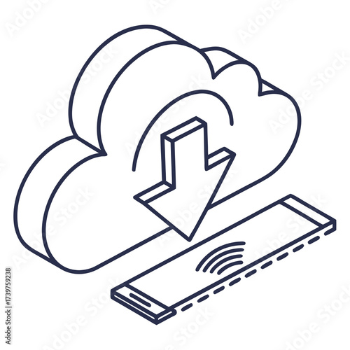 Isometric line art illustration of a cloud with a download arrow pointing towards a smartphone displaying wifi signal indicating cloud data download and wireless connectivity for mobile devices