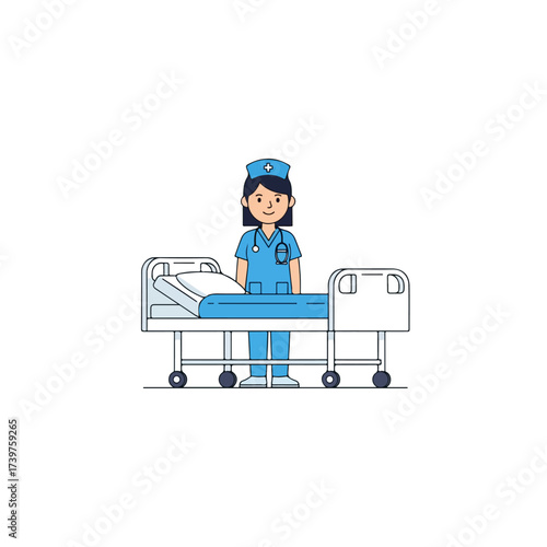 Nurse standing beside a hospital bed, ready to assist patients.