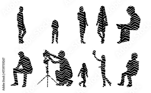 Vector illustration, Outline silhouettes of people, Contour drawing, people silhouette, Icon Set Isolated , Silhouette of sitting people, Architectural set