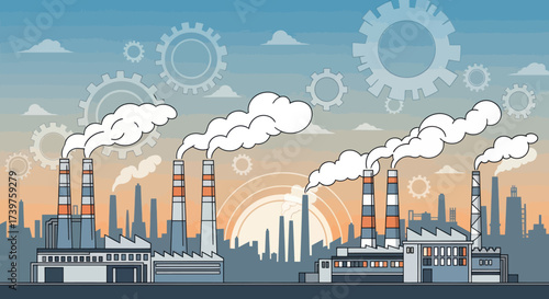 Industrial factory with smokestacks emitting smoke, set against an urban skyline with gears in the sky, illustrating pollution and environmental impact of manufacturing., Flat Vector Elements, Vector