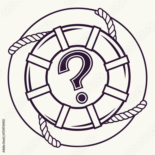 A circular life preserver with a prominent question mark in the center symbolizing uncertainty doubt or a dilemma at sea or in life with a nautical rope tied around it