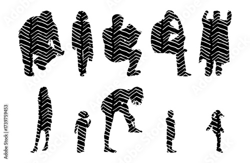 Vector illustration, Outline silhouettes of people, Contour drawing, people silhouette, Icon Set Isolated , Silhouette of sitting people, Architectural set