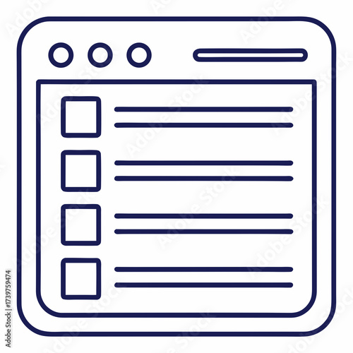 A clean simple line art icon representing a digital document or webpage with a checklist and text lines on a white background symbolizing organization and data entry