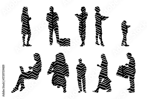 Vector illustration, Outline silhouettes of people, Contour drawing, people silhouette, Icon Set Isolated , Silhouette of sitting people, Architectural set