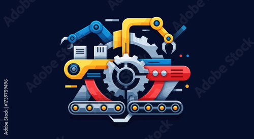 Automated Industrial Manufacturing Process with Robotic and Conveyor Belt System Illustration, Flat Vector Elements, Vector Illustration, Simple Vector, Stylized Vector Drawing, Vector Template,
