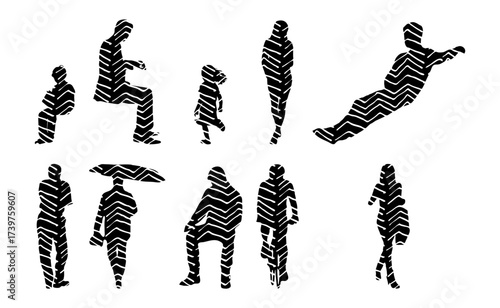 Vector illustration, Outline silhouettes of people, Contour drawing, people silhouette, Icon Set Isolated , Silhouette of sitting people, Architectural set