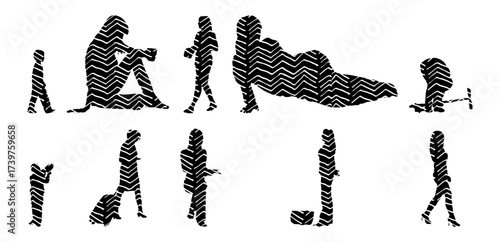 Vector illustration, Outline silhouettes of people, Contour drawing, people silhouette, Icon Set Isolated , Silhouette of sitting people, Architectural set